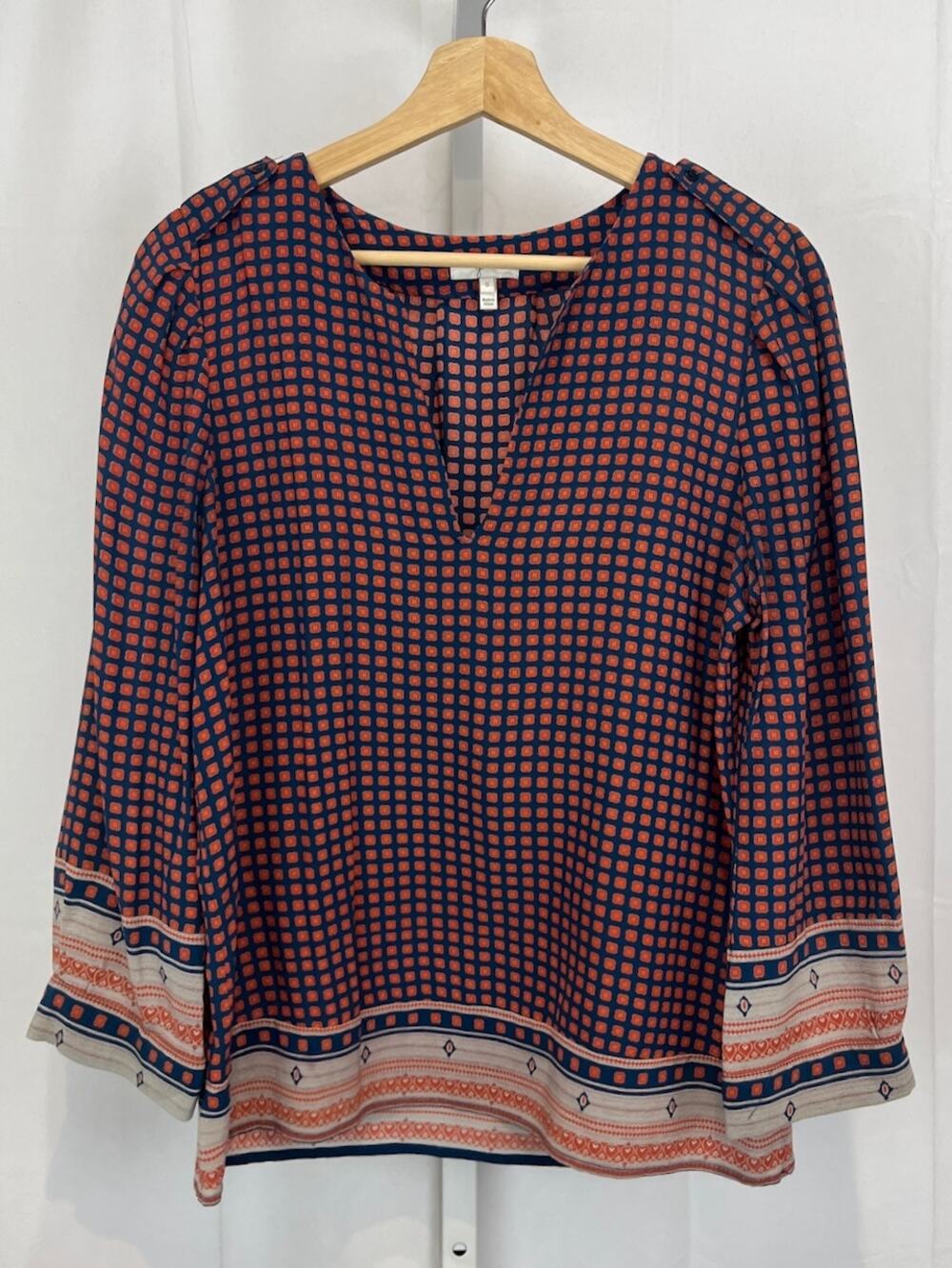 JOIE Size S Printed Silk Blouse Split V Neck Geometric Floral Navy Blue Orange